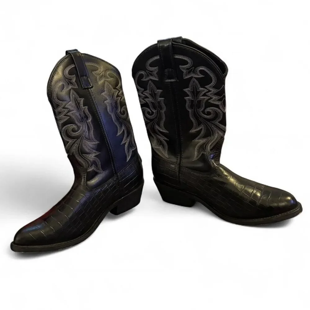 Masterson Black Leather Western Boots Mens 8EW Extra Wide Croc Embossed Like New